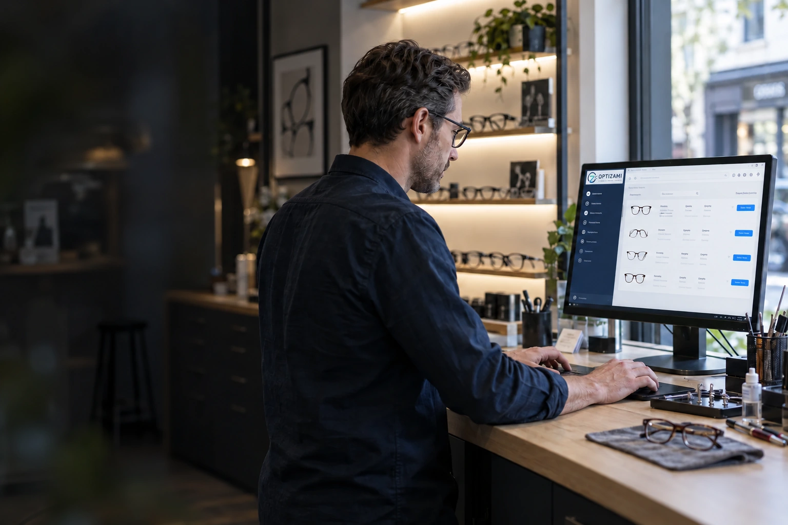 Opticien utilisant OPTIZAMI au comptoir