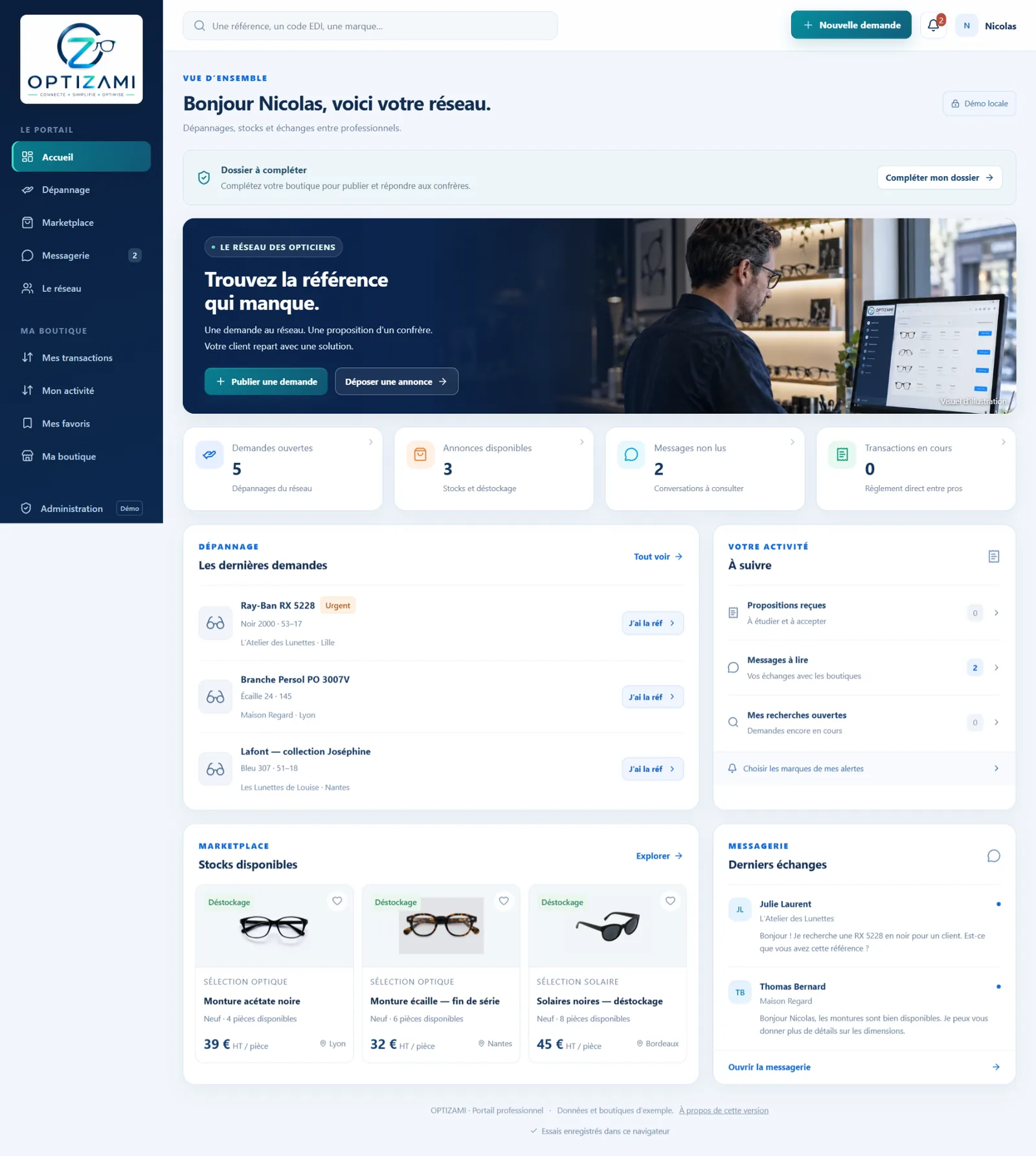 Aperçu du tableau de bord OPTIZAMI